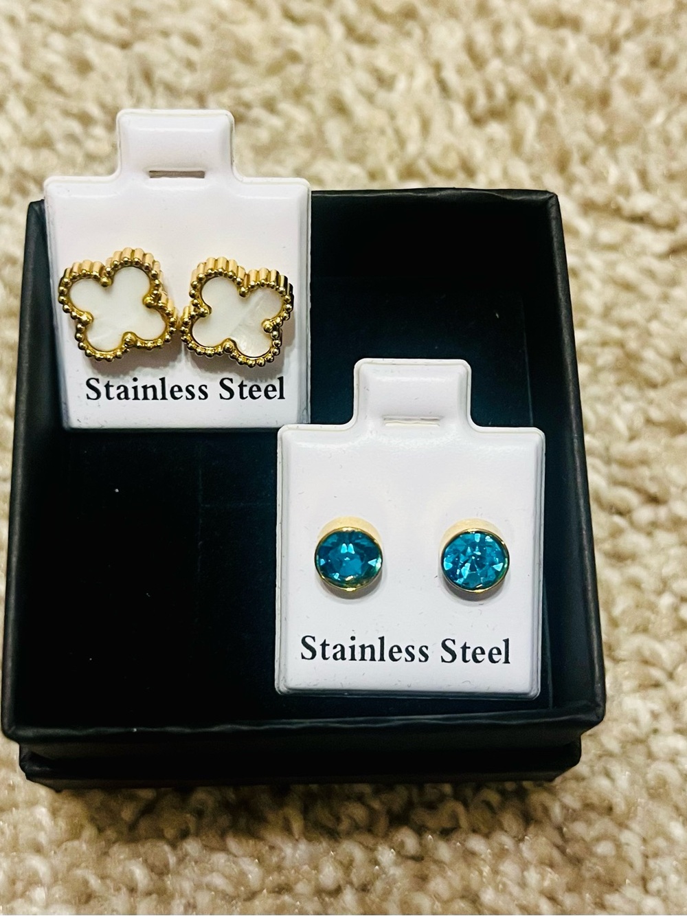 Gold Stainless Steel Earrings with Blue Gem and Clover Studs
